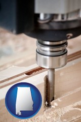 alabama map icon and a CNC milling machine cutting wood