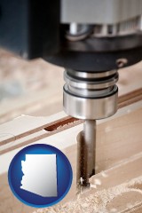arizona map icon and a CNC milling machine cutting wood