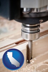 california map icon and a CNC milling machine cutting wood