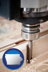 iowa map icon and a CNC milling machine cutting wood