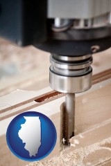 illinois map icon and a CNC milling machine cutting wood