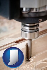 indiana map icon and a CNC milling machine cutting wood