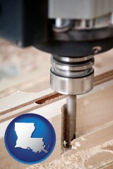 louisiana map icon and a CNC milling machine cutting wood