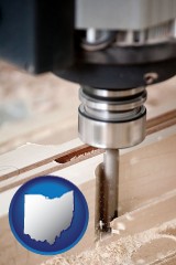 ohio map icon and a CNC milling machine cutting wood