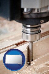 south-dakota map icon and a CNC milling machine cutting wood