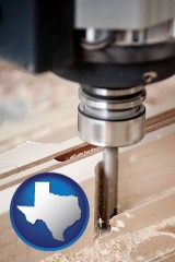 texas map icon and a CNC milling machine cutting wood