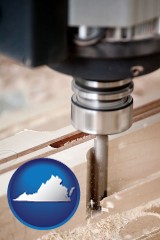 virginia map icon and a CNC milling machine cutting wood