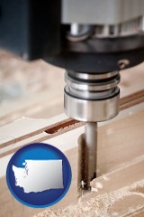 washington map icon and a CNC milling machine cutting wood