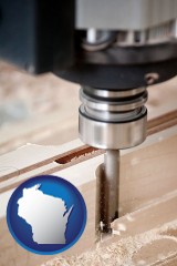 wisconsin map icon and a CNC milling machine cutting wood