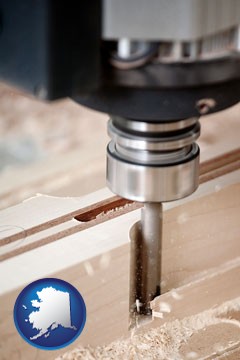 a CNC milling machine cutting wood - with Alaska icon