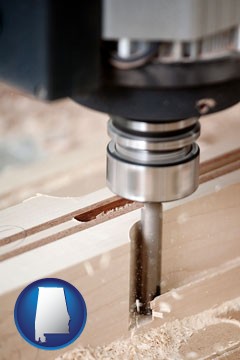 a CNC milling machine cutting wood - with Alabama icon