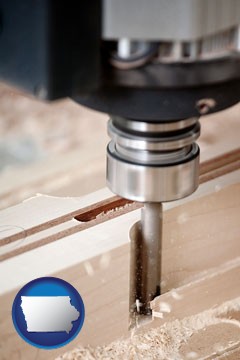 a CNC milling machine cutting wood - with Iowa icon