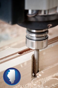a CNC milling machine cutting wood - with Illinois icon