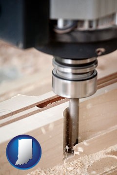 a CNC milling machine cutting wood - with Indiana icon