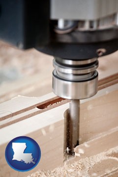 a CNC milling machine cutting wood - with Louisiana icon