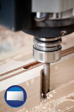 a CNC milling machine cutting wood - with South Dakota icon